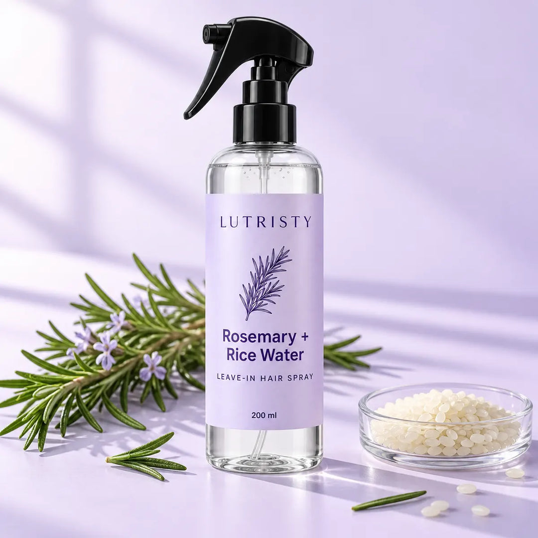 botanical still life — Lutristy rosemary and rice water hair care