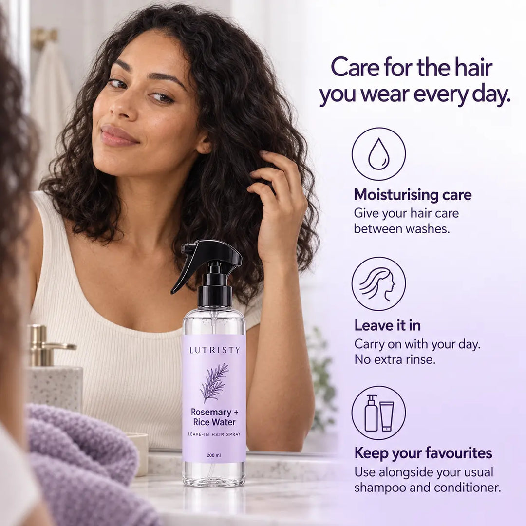 Lutristy moisturising leave-in care between washes, alongside your usual shampoo and conditioner.