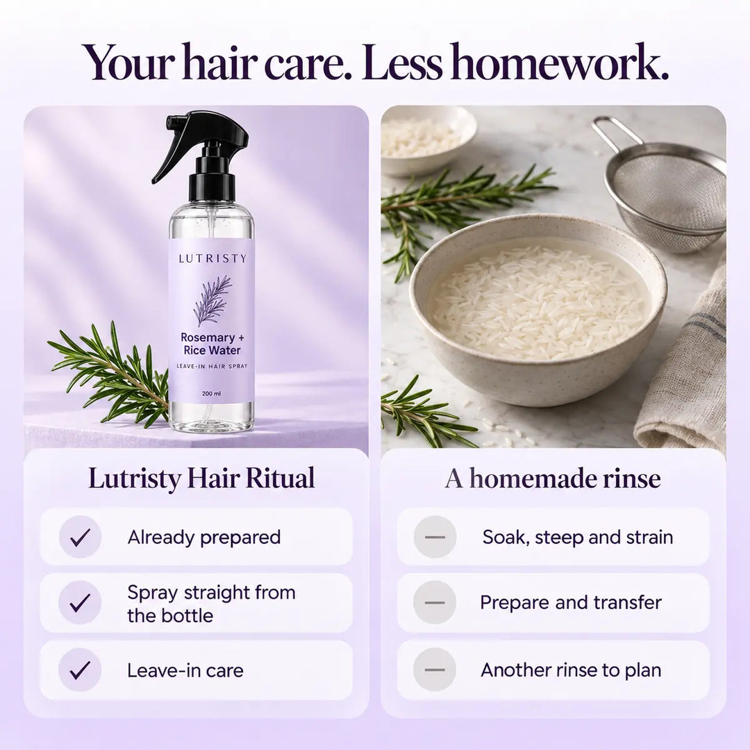Lutristy Hair Ritual compared with preparing a homemade rinse: ready-made, spray application, leave-in care.