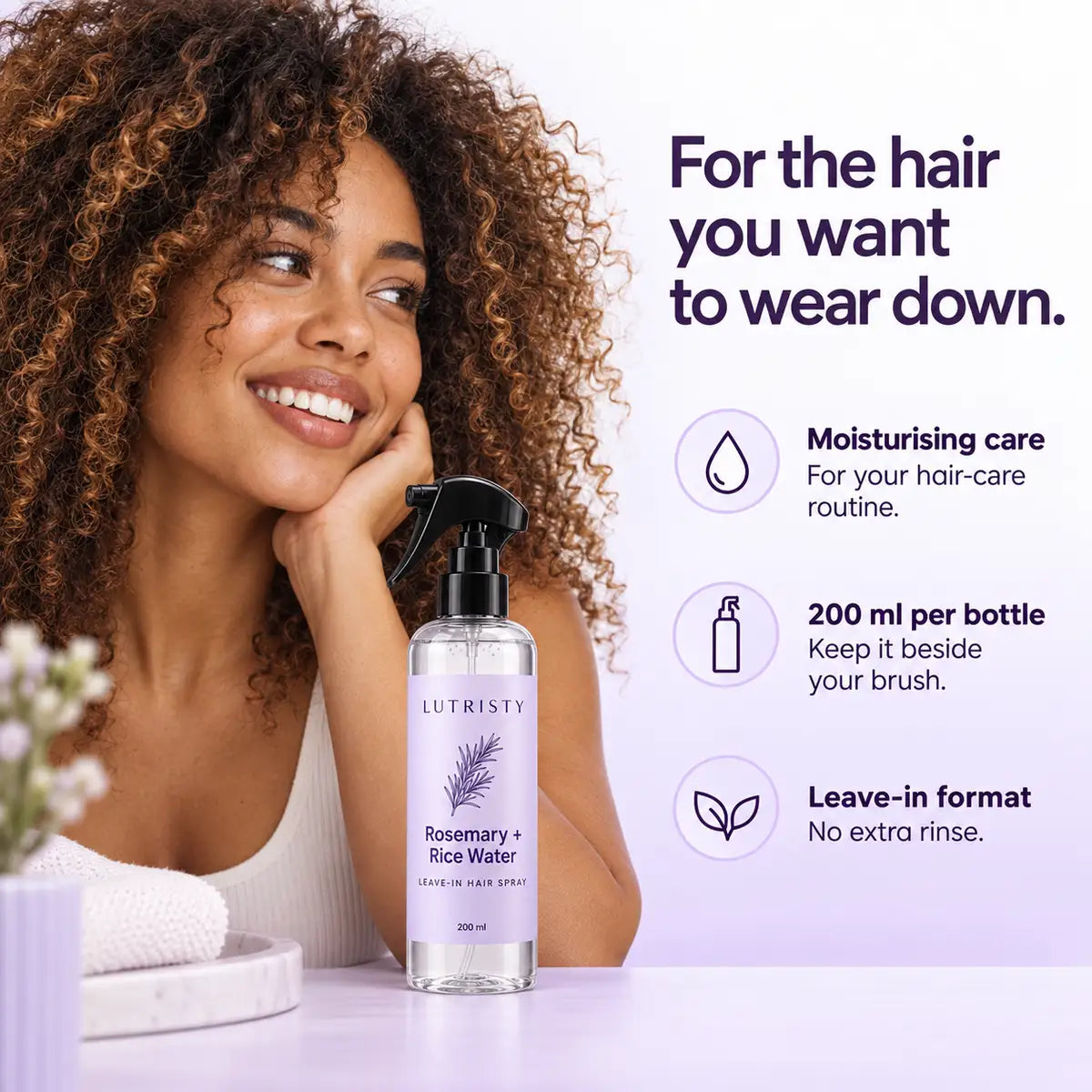Lutristy Hair Ritual moisturising leave-in care, 200 ml, shown beside a woman with curly hair.