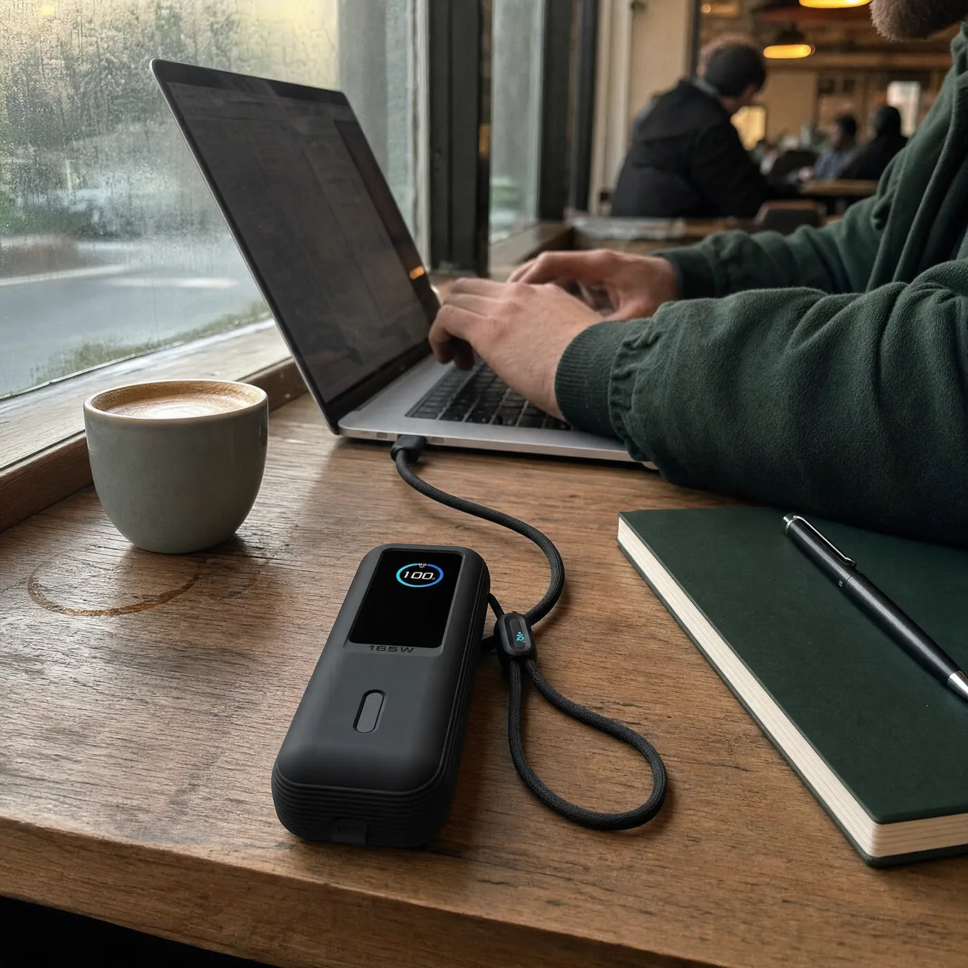Charging a laptop at a cafe via the built-in cable