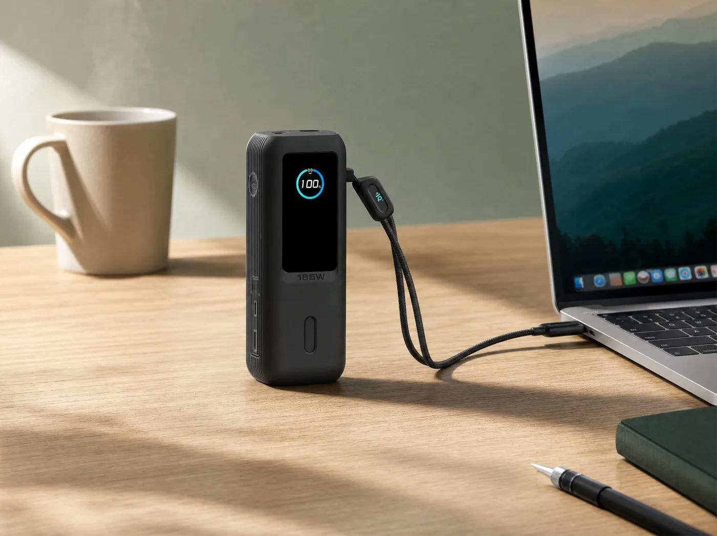 LT04 on a desk charging a laptop