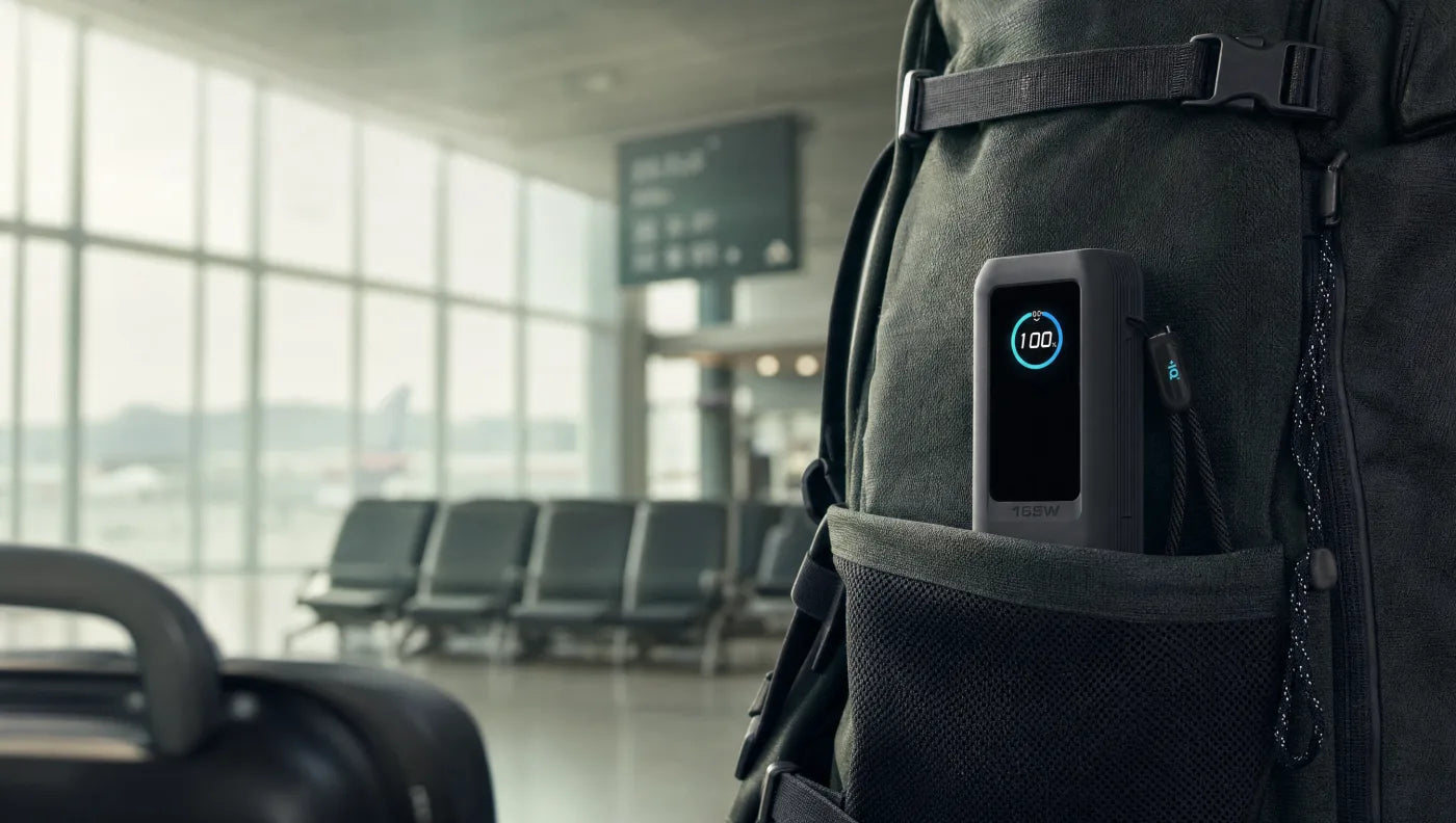 LT04 clipped to a backpack at an airport